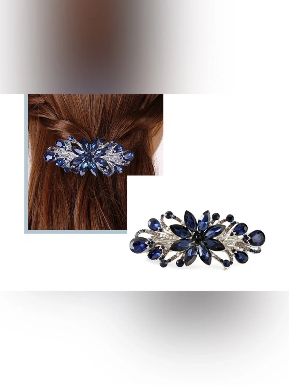 Anthropologie Navy and Silver Crystal Floral Hair Barrette